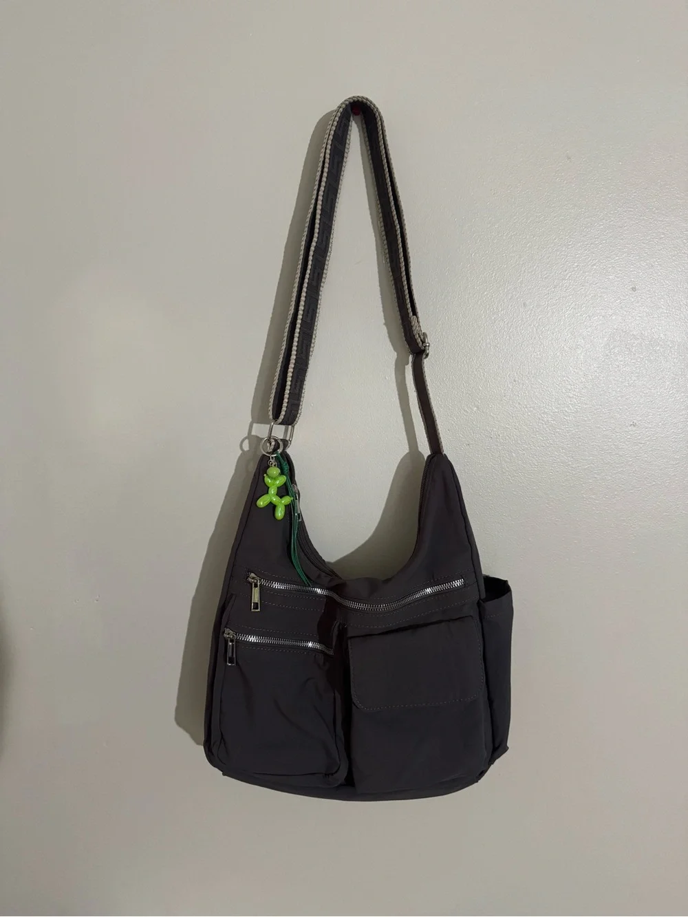 Stylish Dark Grey Crossbody Shoulder Bag with Green Charm